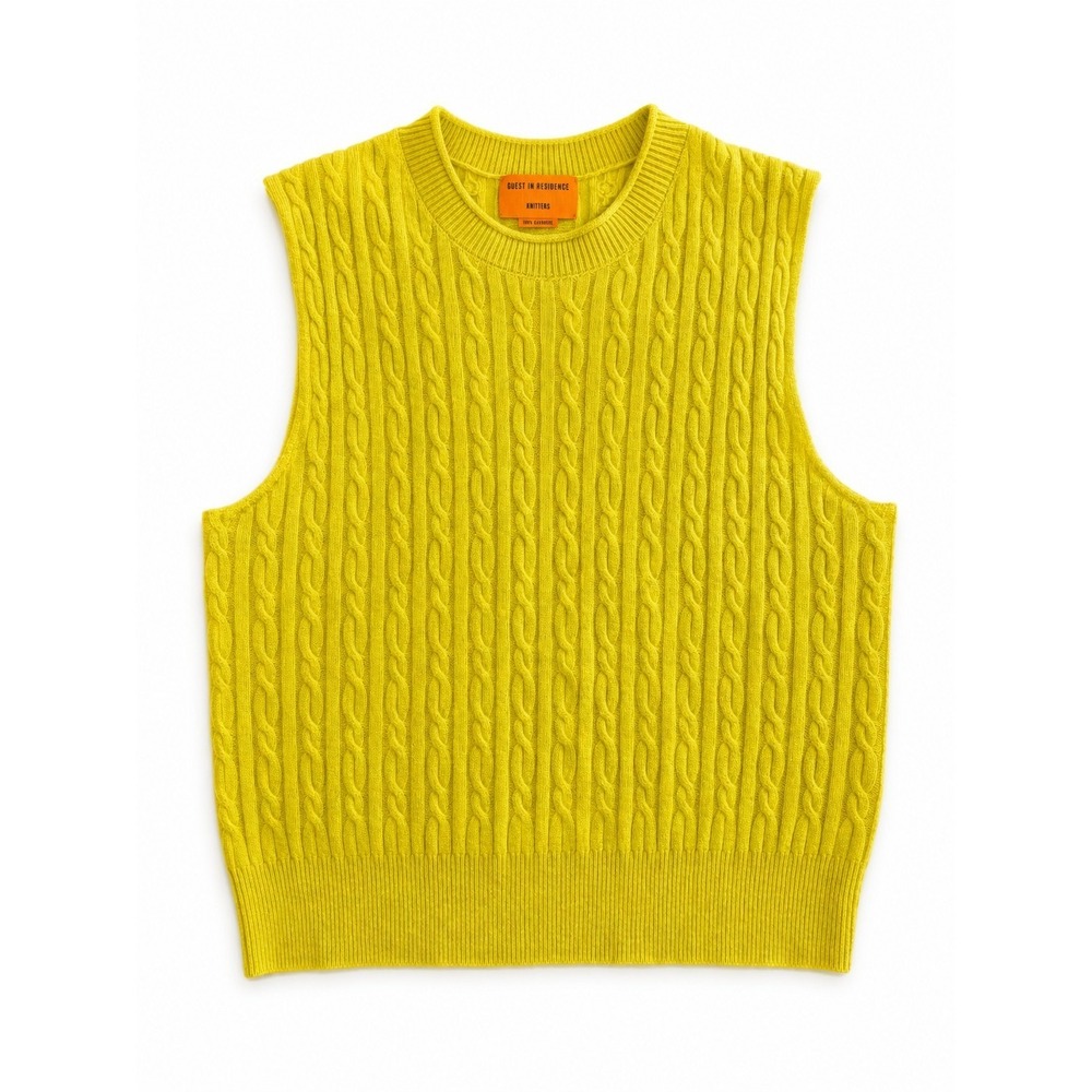 Guest in Residence 100% Cashmere Cable Knit Sweater Vest Yellow Crewneck XL